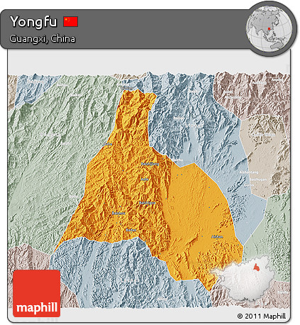 Political 3D Map of Yongfu, lighten, semi-desaturated