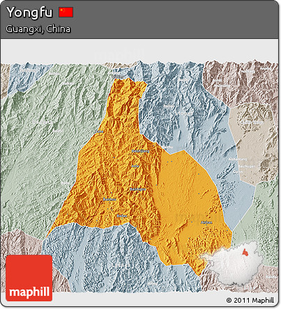 Political 3D Map of Yongfu, lighten, semi-desaturated