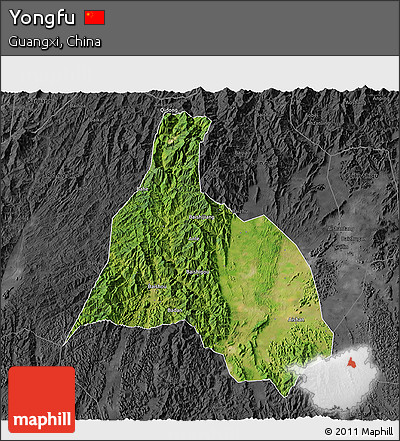 Satellite 3D Map of Yongfu, darken, desaturated