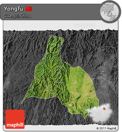 Satellite 3D Map of Yongfu, darken, desaturated