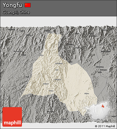 Shaded Relief 3D Map of Yongfu, darken, semi-desaturated