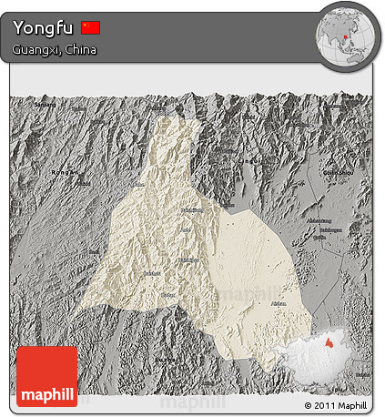 Shaded Relief 3D Map of Yongfu, darken, semi-desaturated