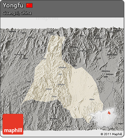 Shaded Relief 3D Map of Yongfu, darken, semi-desaturated