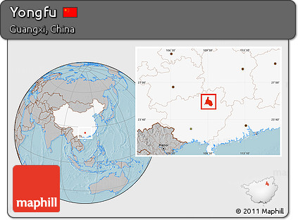 Gray Location Map of Yongfu, highlighted country, hill shading