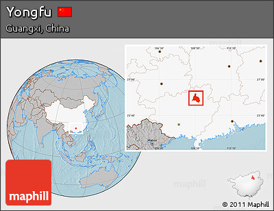 Gray Location Map of Yongfu, highlighted country, hill shading