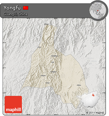 Shaded Relief Map of Yongfu, lighten, semi-desaturated