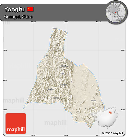 Shaded Relief Map of Yongfu, single color outside
