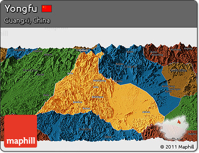 Political Panoramic Map of Yongfu, darken