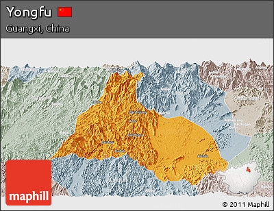 Political Panoramic Map of Yongfu, lighten, semi-desaturated
