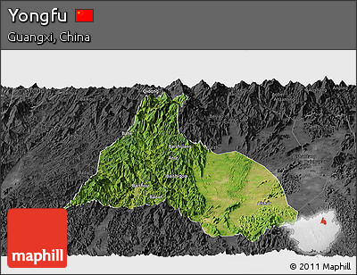 Satellite Panoramic Map of Yongfu, darken, desaturated