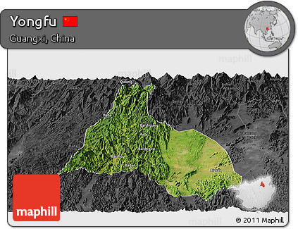 Satellite Panoramic Map of Yongfu, darken, desaturated