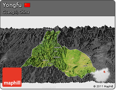 Satellite Panoramic Map of Yongfu, darken, desaturated