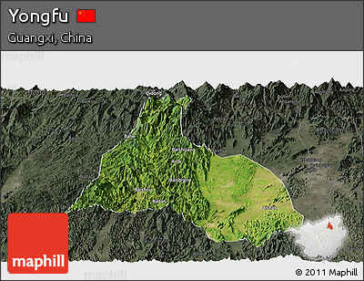 Satellite Panoramic Map of Yongfu, darken, semi-desaturated
