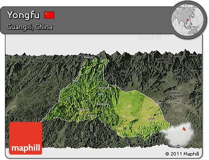 Satellite Panoramic Map of Yongfu, darken, semi-desaturated
