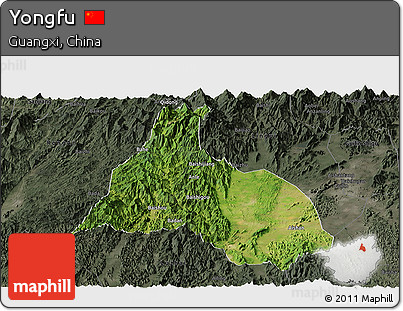 Satellite Panoramic Map of Yongfu, darken, semi-desaturated