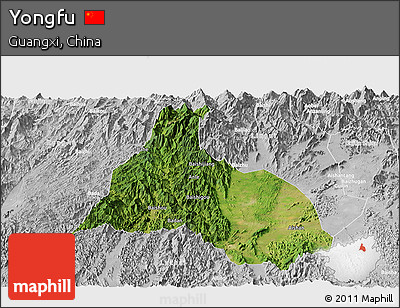 Satellite Panoramic Map of Yongfu, lighten, desaturated