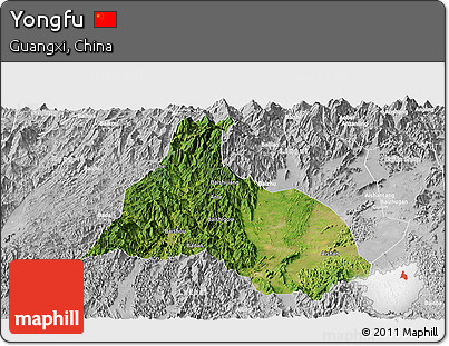 Satellite Panoramic Map of Yongfu, lighten, desaturated
