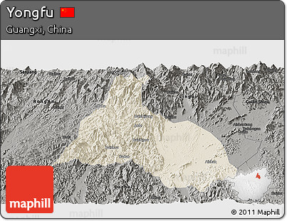 Shaded Relief Panoramic Map of Yongfu, darken, semi-desaturated