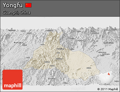 Shaded Relief Panoramic Map of Yongfu, desaturated