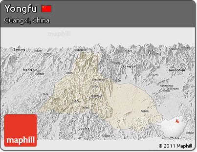 Shaded Relief Panoramic Map of Yongfu, desaturated