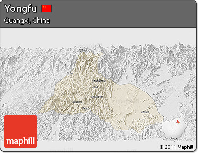 Shaded Relief Panoramic Map of Yongfu, lighten, desaturated