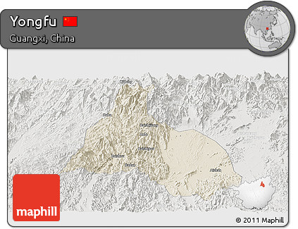 Shaded Relief Panoramic Map of Yongfu, lighten, semi-desaturated