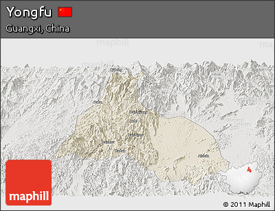 Shaded Relief Panoramic Map of Yongfu, lighten, semi-desaturated