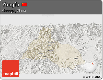 Shaded Relief Panoramic Map of Yongfu, lighten, semi-desaturated