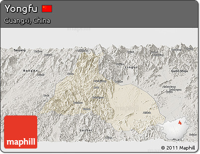 Shaded Relief Panoramic Map of Yongfu, semi-desaturated