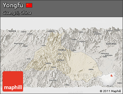 Shaded Relief Panoramic Map of Yongfu, semi-desaturated
