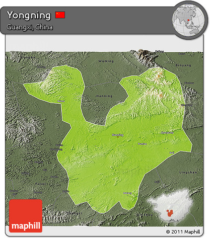 Physical 3D Map of Yongning, darken, semi-desaturated