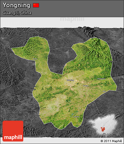 Satellite 3D Map of Yongning, darken, desaturated