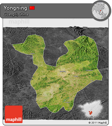 Satellite 3D Map of Yongning, darken, desaturated