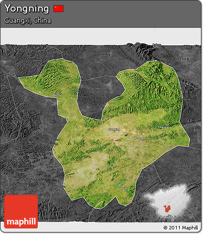 Satellite 3D Map of Yongning, darken, desaturated
