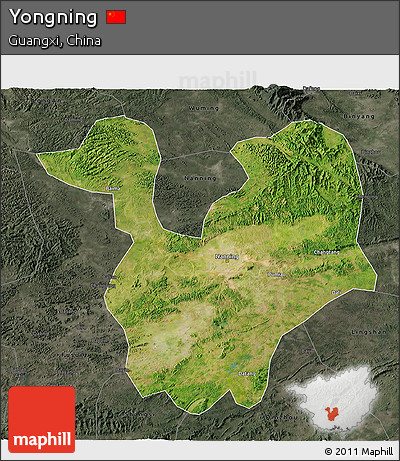 Satellite 3D Map of Yongning, darken, semi-desaturated