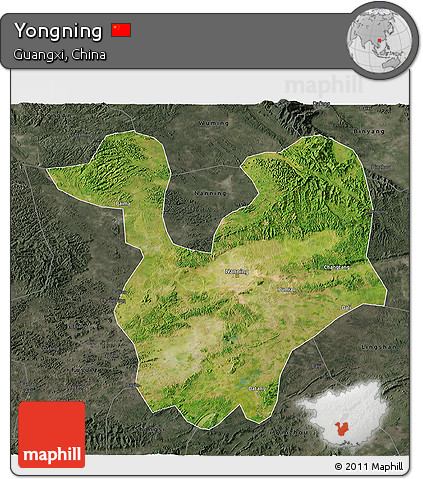Satellite 3D Map of Yongning, darken, semi-desaturated