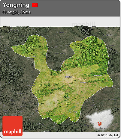 Satellite 3D Map of Yongning, darken, semi-desaturated