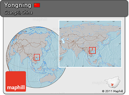 Gray Location Map of Yongning, within the entire country, hill shading