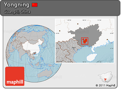 Gray Location Map of Yongning, highlighted country, highlighted parent region, hill shading