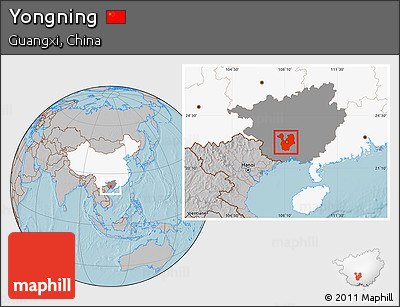 Gray Location Map of Yongning, highlighted country, highlighted parent region, hill shading