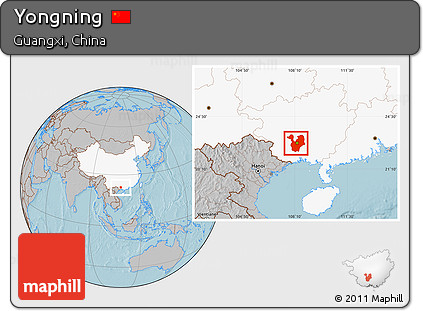 Gray Location Map of Yongning, highlighted country, hill shading