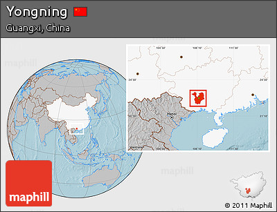 Gray Location Map of Yongning, highlighted country, hill shading