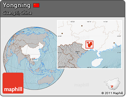 Gray Location Map of Yongning, highlighted country, hill shading