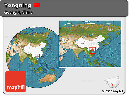 Satellite Location Map of Yongning, highlighted country, highlighted parent region, within the entire country