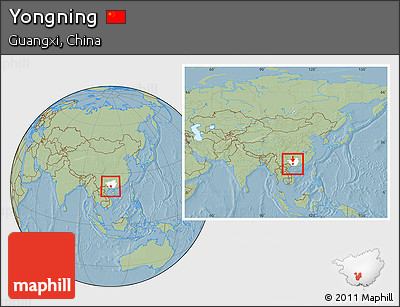 Savanna Style Location Map of Yongning, highlighted parent region, within the entire country, hill shading