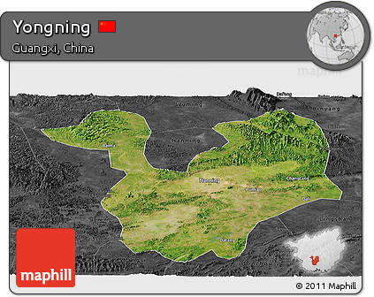 Satellite Panoramic Map of Yongning, darken, desaturated