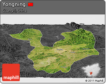 Satellite Panoramic Map of Yongning, darken, desaturated