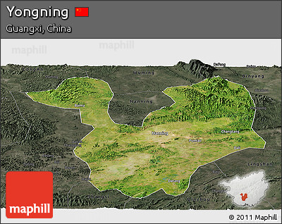 Satellite Panoramic Map of Yongning, darken, semi-desaturated