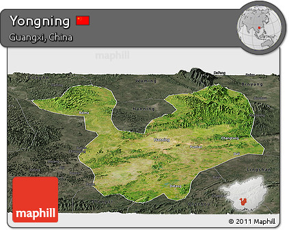 Satellite Panoramic Map of Yongning, darken, semi-desaturated