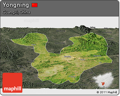 Satellite Panoramic Map of Yongning, darken, semi-desaturated